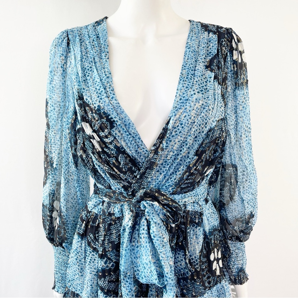 Ulla Johnson NOEMI Dress Size 12 Silk Metallic Mini Shibori Print in Sky Blue - Picture 6 of 16